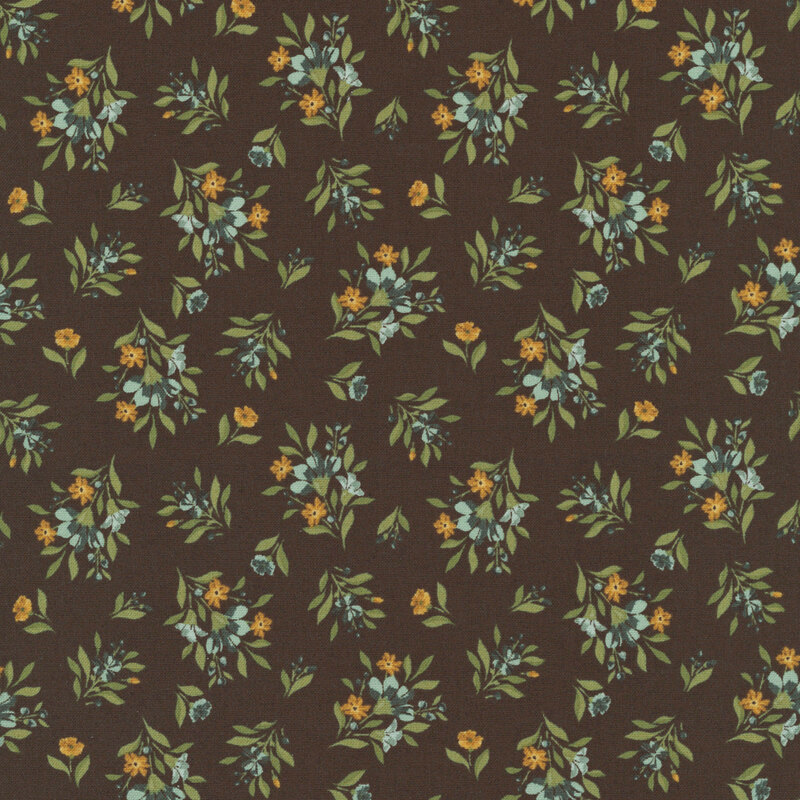 Espresso fabric tossed with small bouquets of teal and yellow flowers.