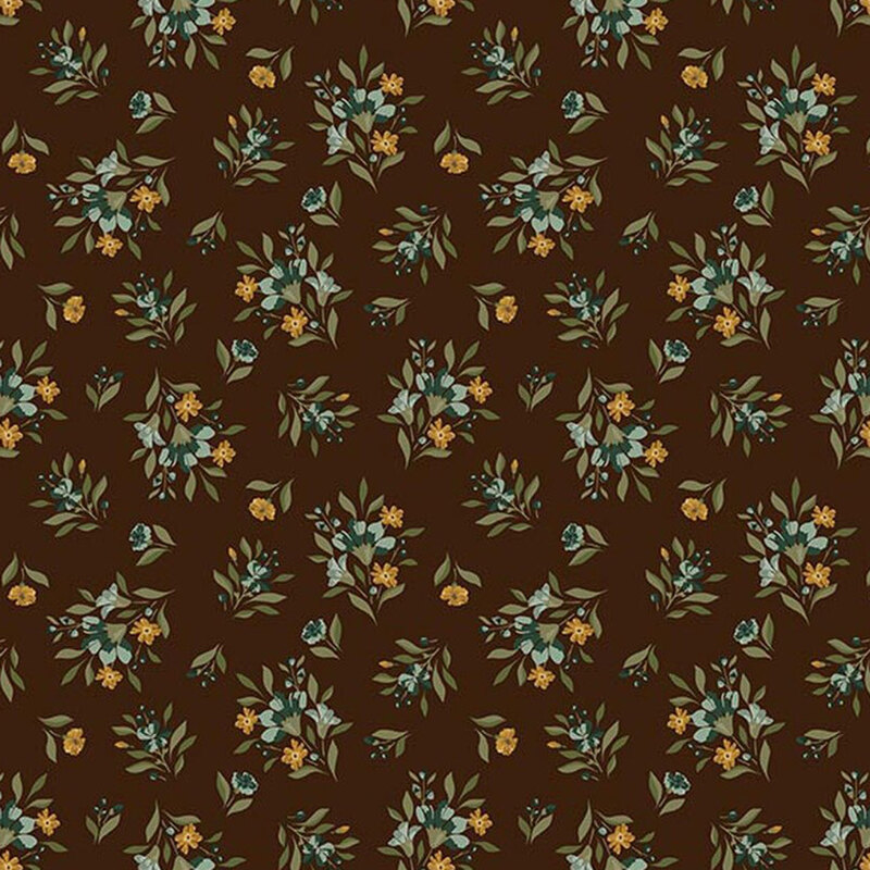 Espresso fabric tossed with small bouquets of teal and yellow flowers.
