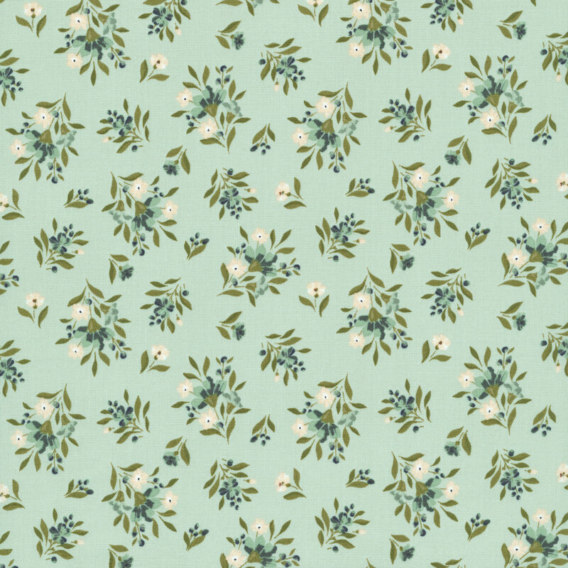 aqua mint fabric tossed with small bouquets of teal and cream flowers.