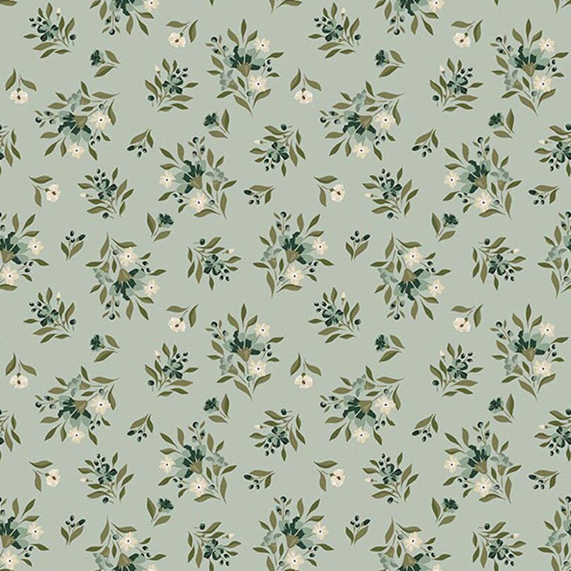 Slate blue fabric tossed with small bouquets of teal and cream flowers.