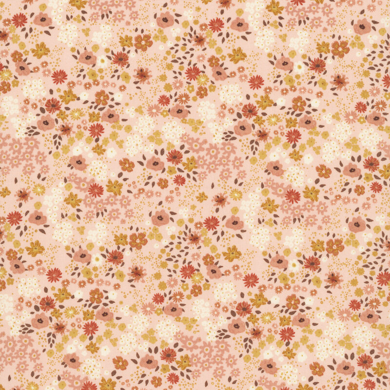 Rose pink fabric packed with delicate peach and cream flowers.