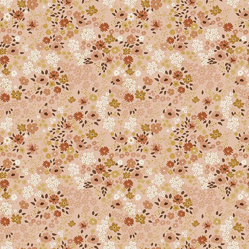 Rose pink fabric packed with delicate peach and cream flowers.
