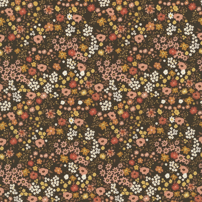 Espresso fabric packed with delicate peach and cream flowers.