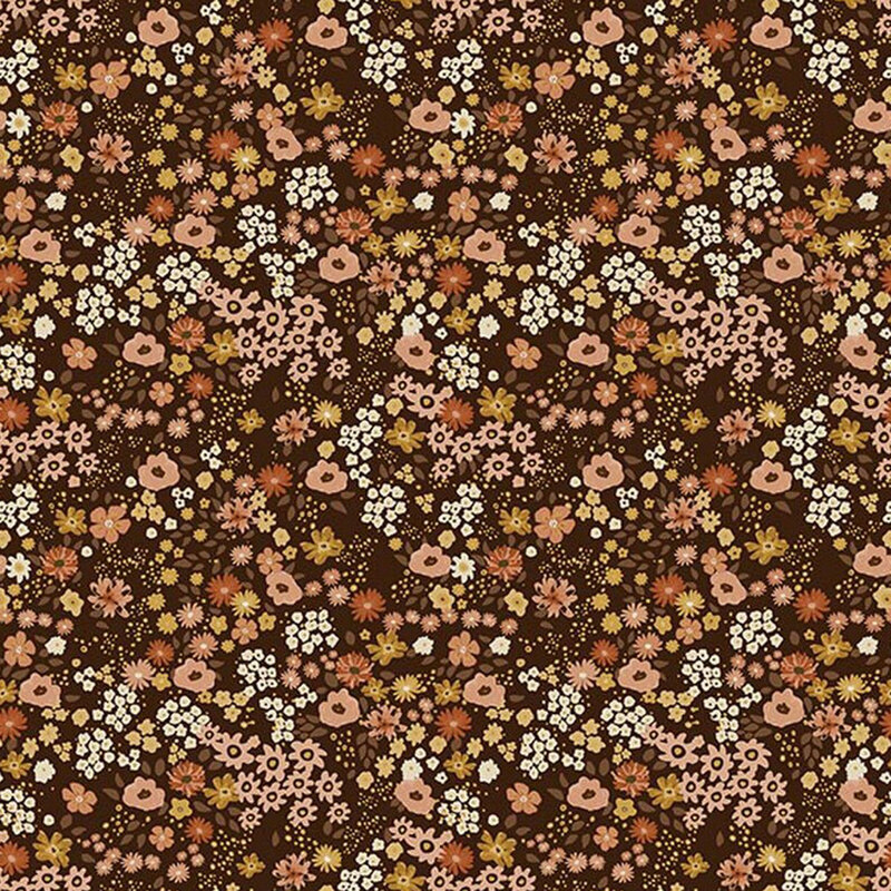 Espresso fabric packed with delicate peach and cream flowers.