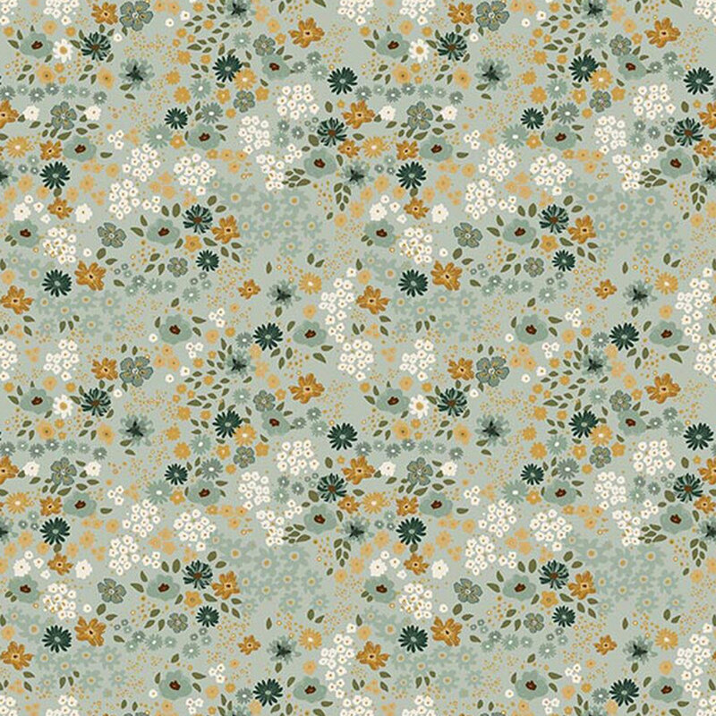 Slate blue fabric packed with delicate teal and cream flowers.