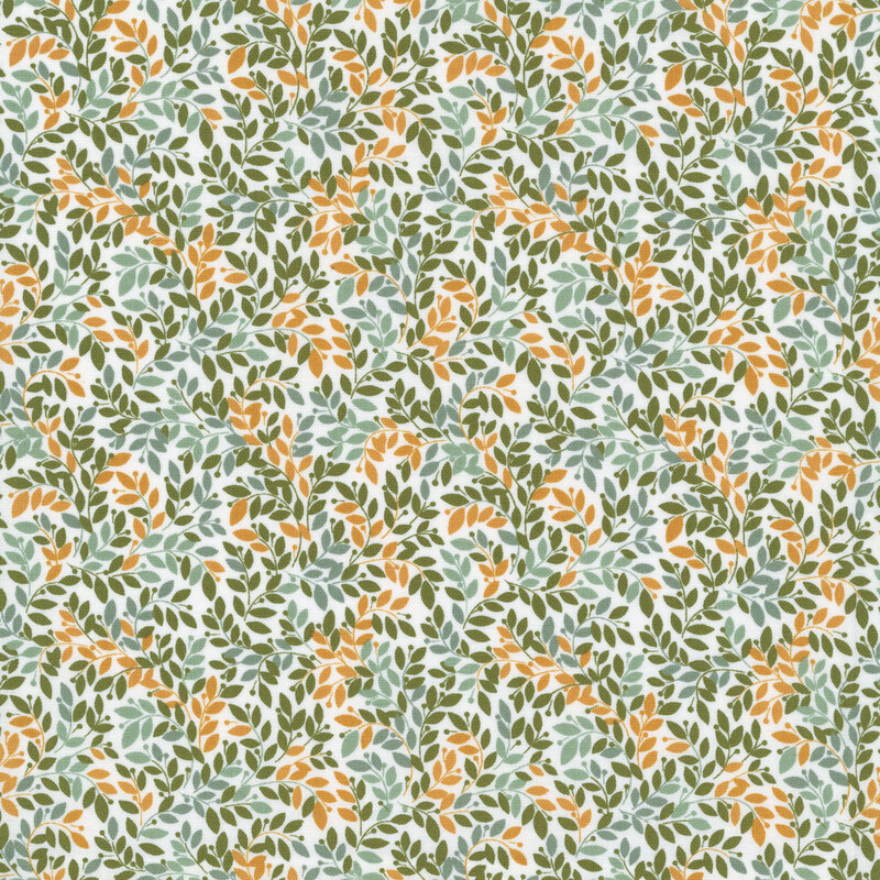 Cloud white fabric packed with swirling leafy vines in green, teal, and yellow.