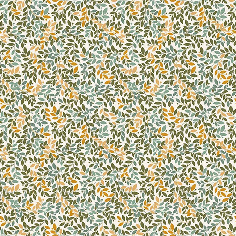 Cloud white fabric packed with swirling leafy vines in green, teal, and yellow.