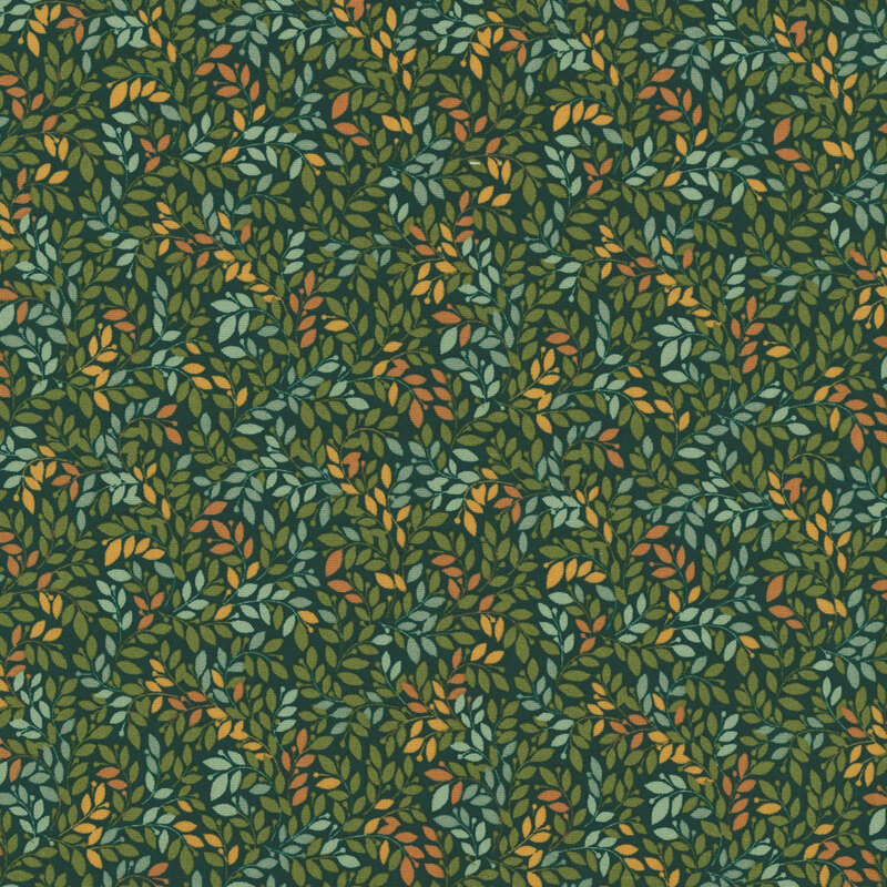 Hunter green fabric packed with swirling leafy vines in green, teal, and yellow.
