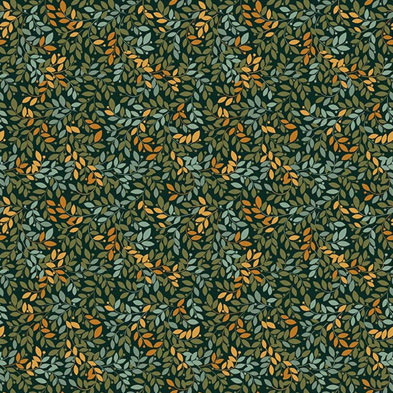 Hunter green fabric packed with swirling leafy vines in green, teal, and yellow.