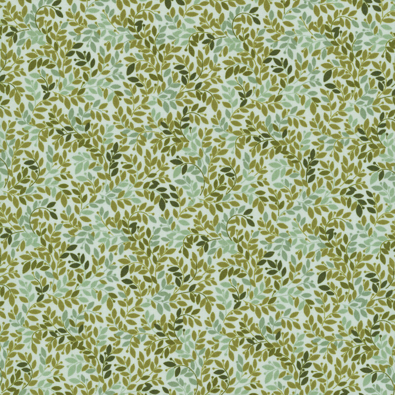 aqua mint fabric packed with swirling leafy vines in dark green, teal, and olive.