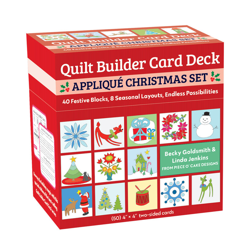 A red box with the text "Quilt Builder Card Deck Appliqué Christmas Set" on the front set against a white background