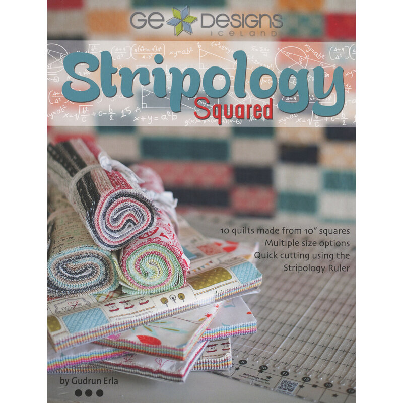 Cover of Stripology Squared featuring rolled fabric and a patchwork background, highlighting quilt designs.