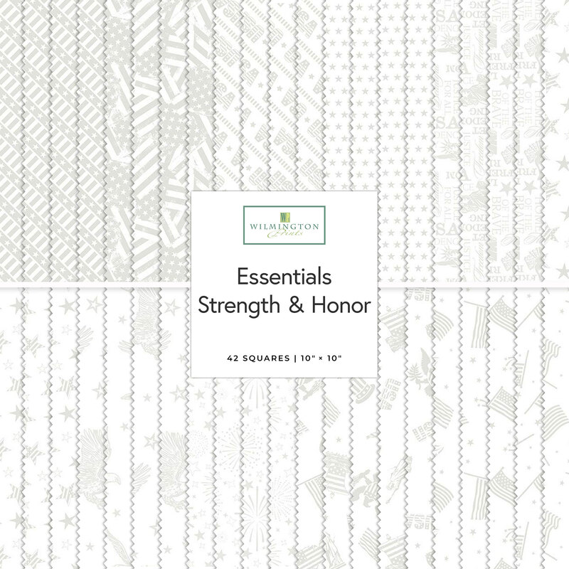A fabric collage featuring white on white patriotic fabrics from the collection Essentials Strength and Honor. Shown in gray and white.