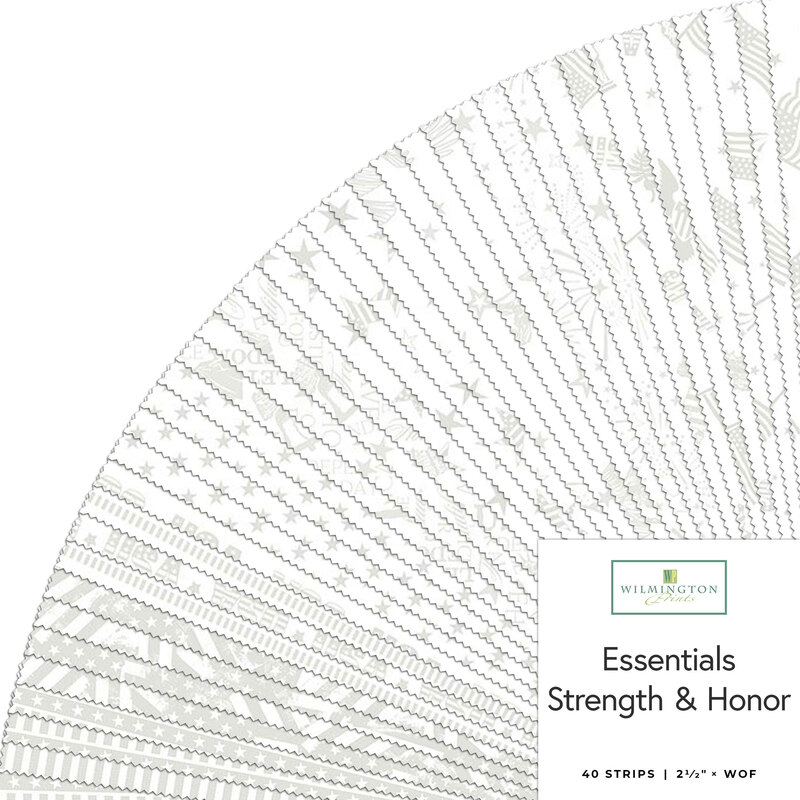 A fanned fabric collage featuring white on white patriotic fabrics from the collection Essentials Strength and Honor. Shown in gray and white.