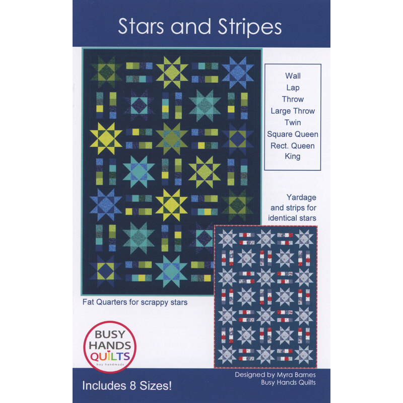 Colorful quilt pattern titled Stars and Stripes displaying designs for various sizes and materials.