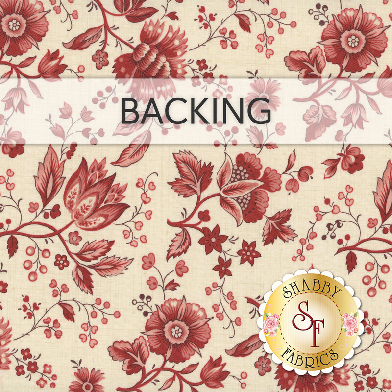  A swatch of ivory fabric with red Jacobean flowers, twisting red vines, and leaves. A banner at the top reads "Backing" and a golden Shabby Fabrics logo can be seen in the lower right hand corner.