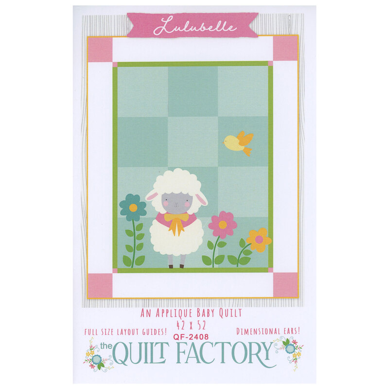Baby quilt design featuring a lamb, flowers, and bird, labeled Lulubelle.