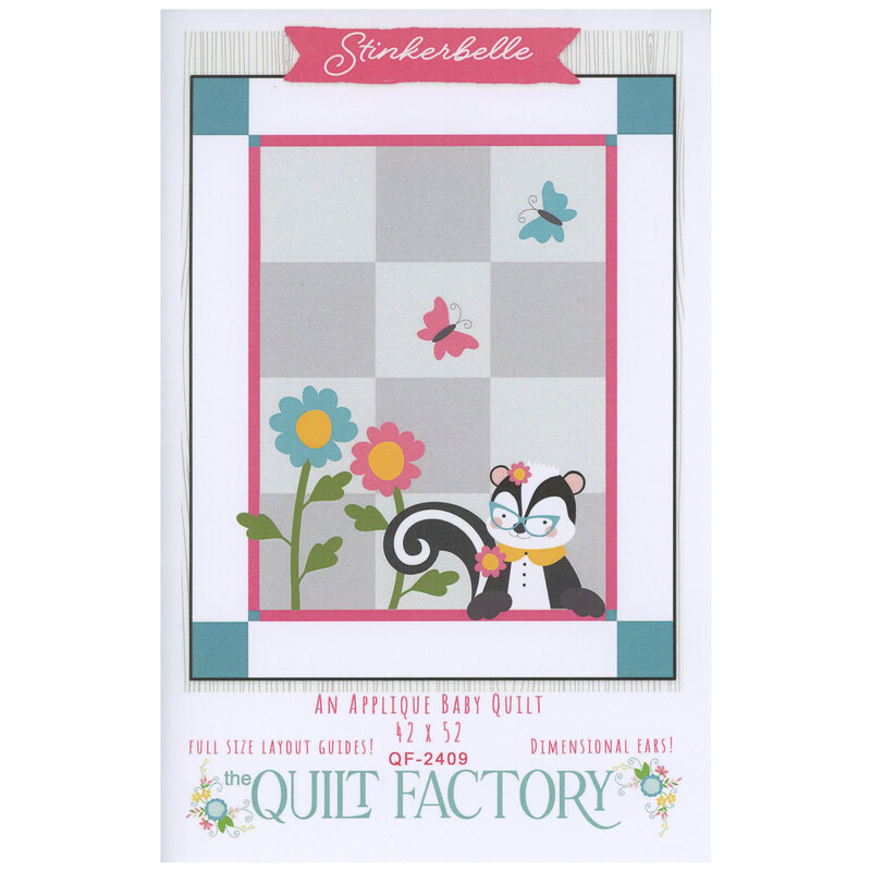 Baby quilt design featuring an adorable skunk, flowers, and butterflies, labeled Stinkerbelle.