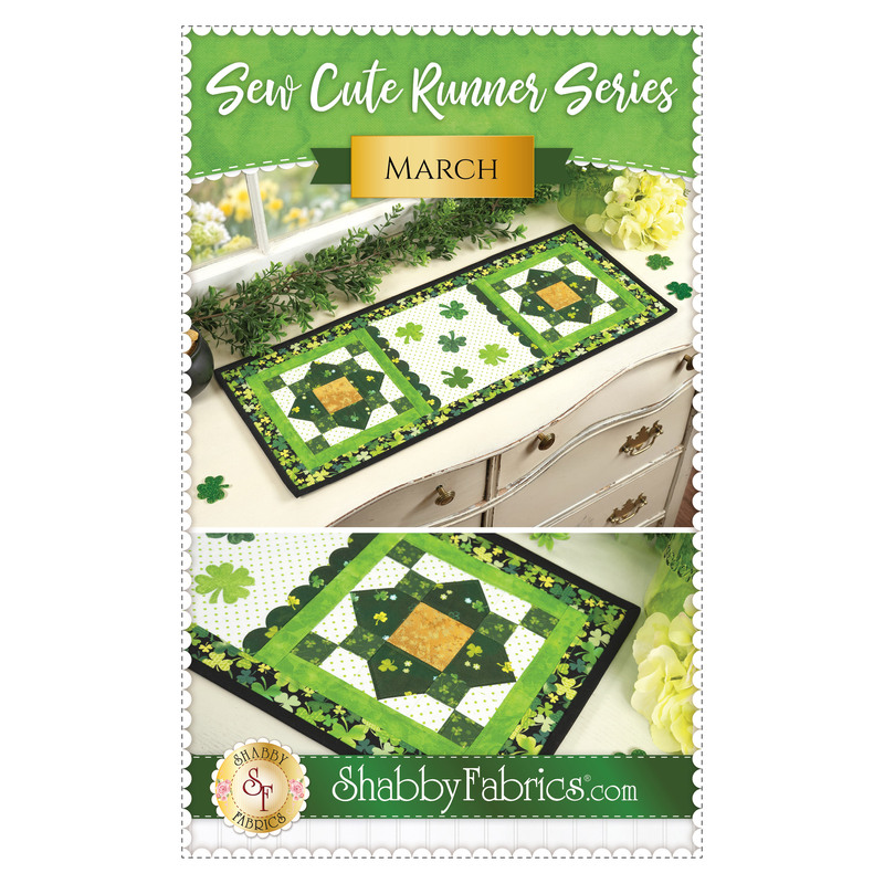 The front of the Sew Cute runner - March pattern showing the completed runner staged on a dresser with coordinating décor. 