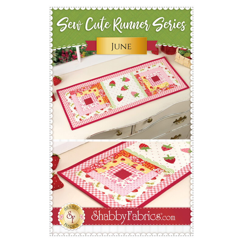 The front of the Sew Cute runner - June pattern showing the completed runner staged on a dresser with coordinating décor. 