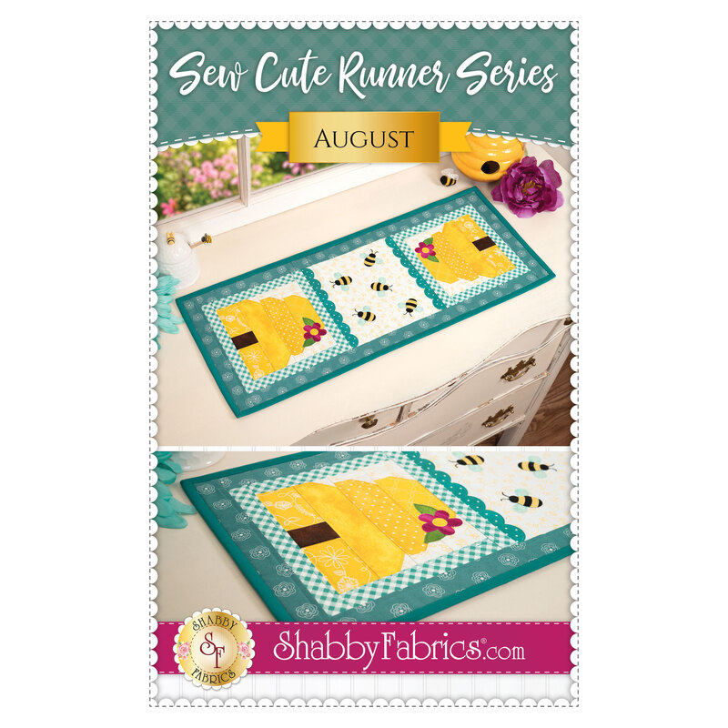 The front of the Sew Cute runner - August pattern showing the completed runner staged on a dresser with coordinating décor. 