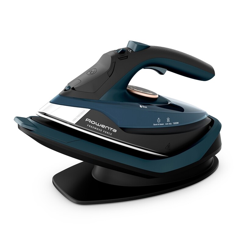 A blue and black steam iron with a sleek design and a curved soleplate on a black stand.