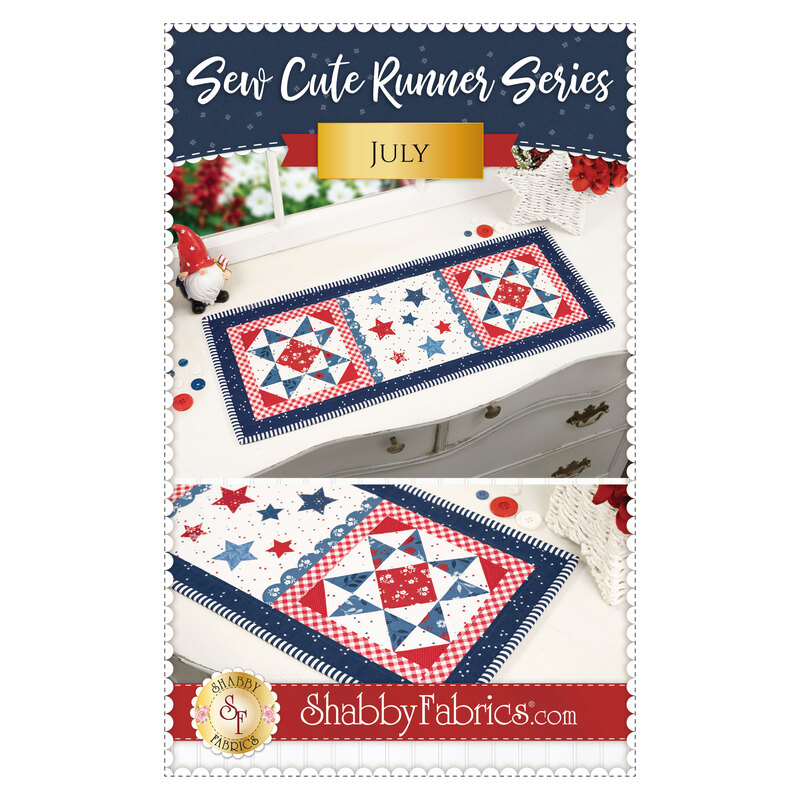 The front of the Sew Cute runner - July pattern showing the completed runner staged on a dresser with coordinating décor. 