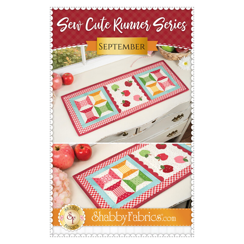 The front of the Sew Cute runner - September pattern showing the completed runner staged on a dresser with coordinating décor. 