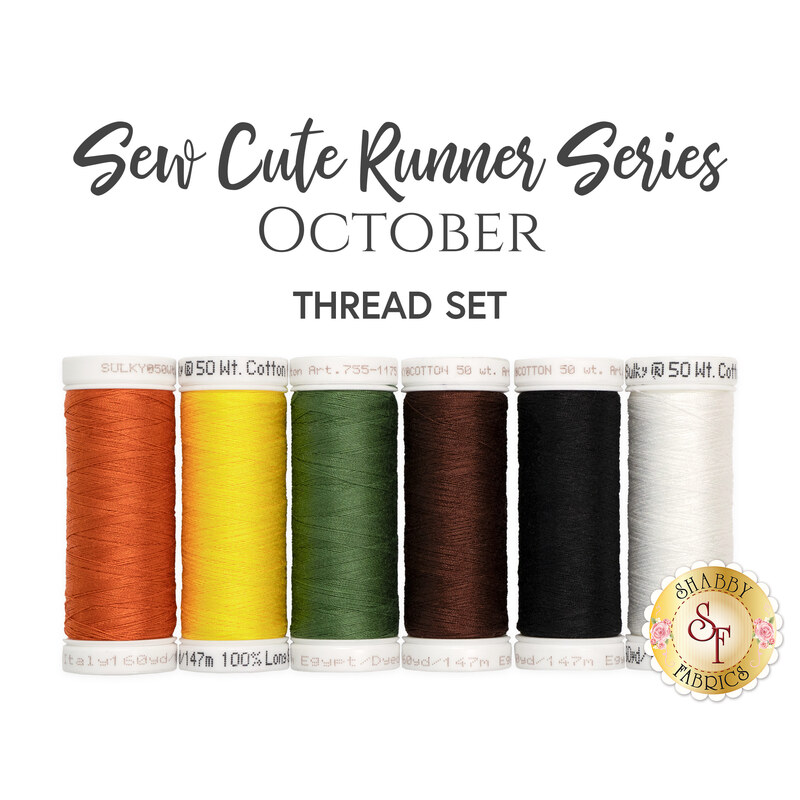 The coordinated thread set for the Sew Cute Runner - October table topper. Six spools of thread sit together beneath stylized text.