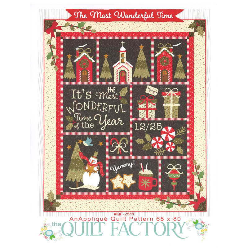 Front cover of the pattern showing the completed quilt, a curation of various Christmas scenes with houses, presents, snowmen, treats, and more.