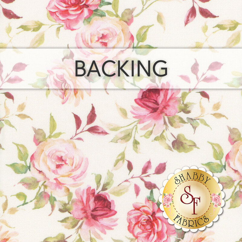 A cream fabric with large pink roses and green leaves, a banner at the top reads "Banner" and a golden shabby logo in the bottom right corner.