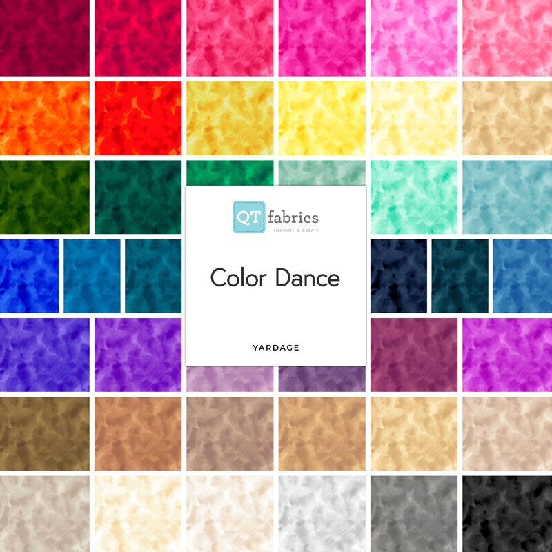 A collage of fabric swatches included in the Color Dance collection by QT Fabrics.