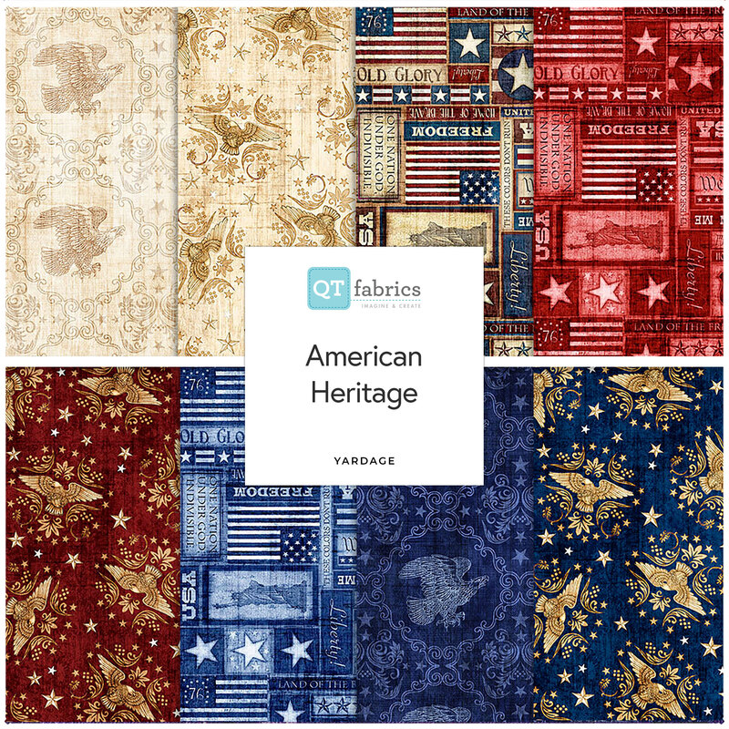 Collage featuring red, antique white, and blue patriotic motifs such as flags, stars, and eagles.