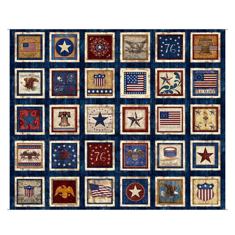 Blue fabric panel featuring a collection of square with vintage inspired patches, flags, stars, and other 1776 motifs.