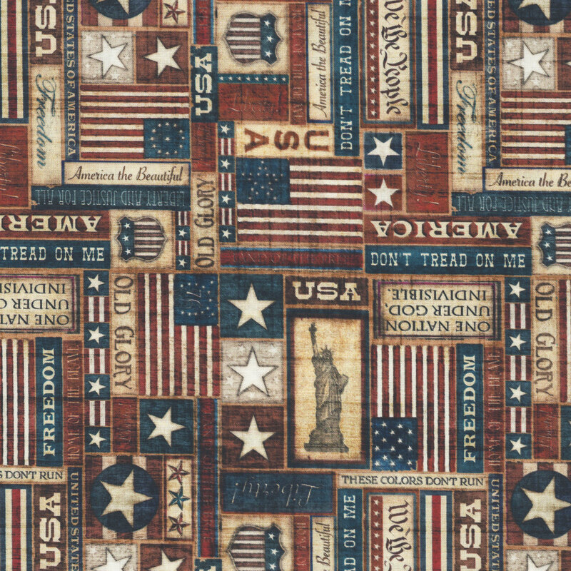 Vintaged and mottled fabric covered in American flags, stars, and patriotic text in deep reds, blues, and antique whites.