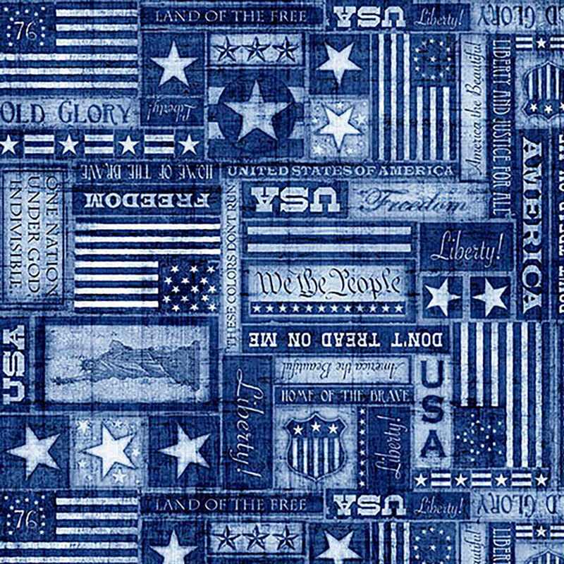 Textured navy blue fabric covered in tonal American flags, stars, and patriotic text