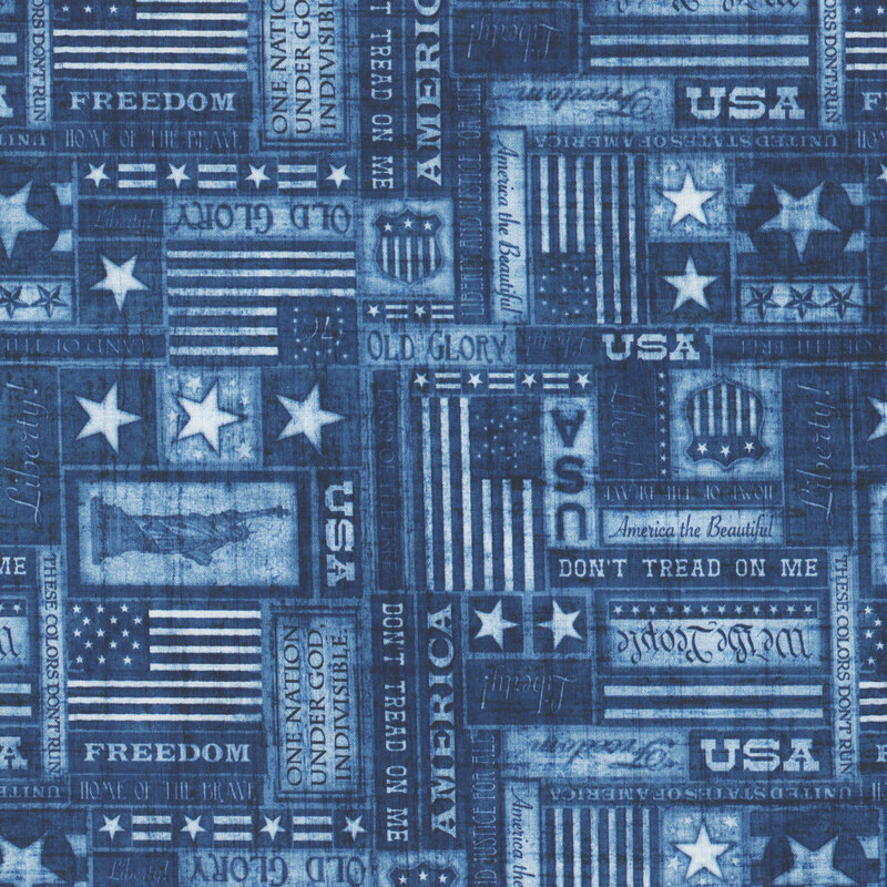 Textured navy blue fabric covered in tonal American flags, stars, and patriotic text