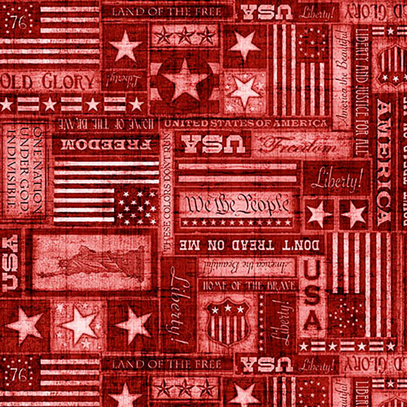Textured red fabric covered in tonal American flags, stars, and patriotic text