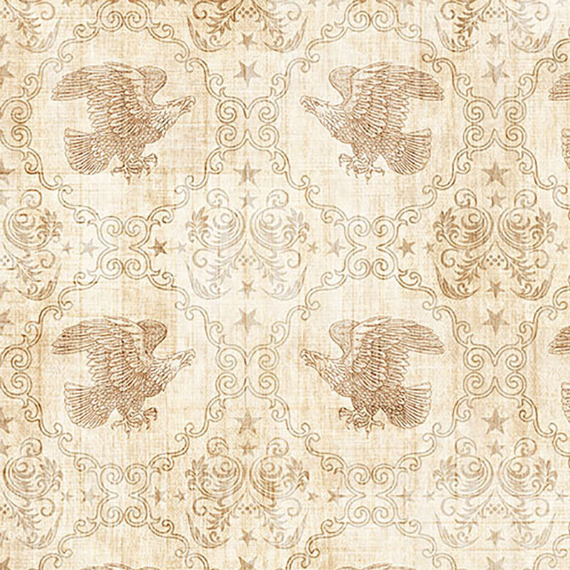 Antique white fabric featuring a damask eagle pattern with star and filigree accents.