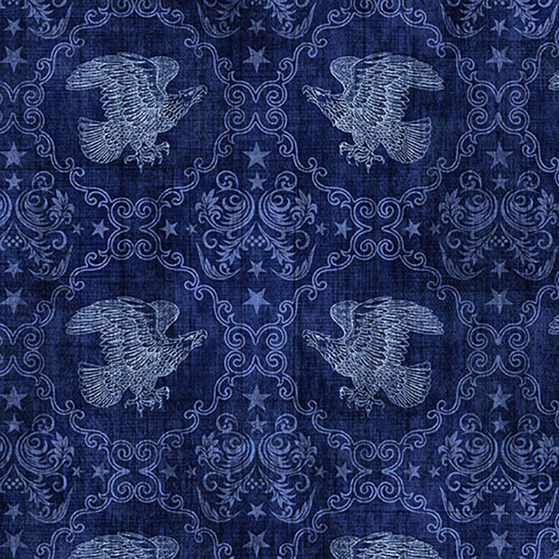 Mottled navy fabric featuring a damask eagle pattern with star and filigree accents.