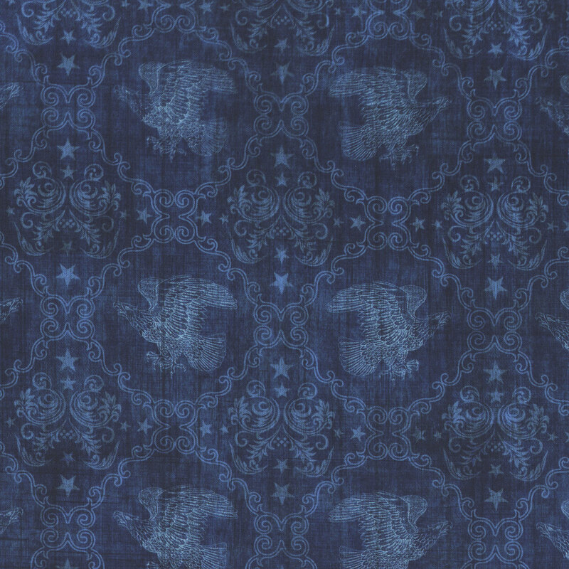 Mottled navy fabric featuring a damask eagle pattern with star and filigree accents.