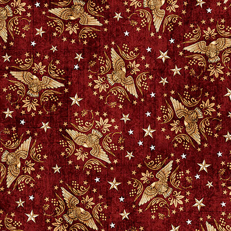 Rich mottled red fabric with gold eagle and star motifs in a tossed pattern.
