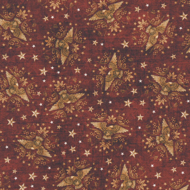Rich mottled red fabric with gold eagle and star motifs in a tossed pattern.