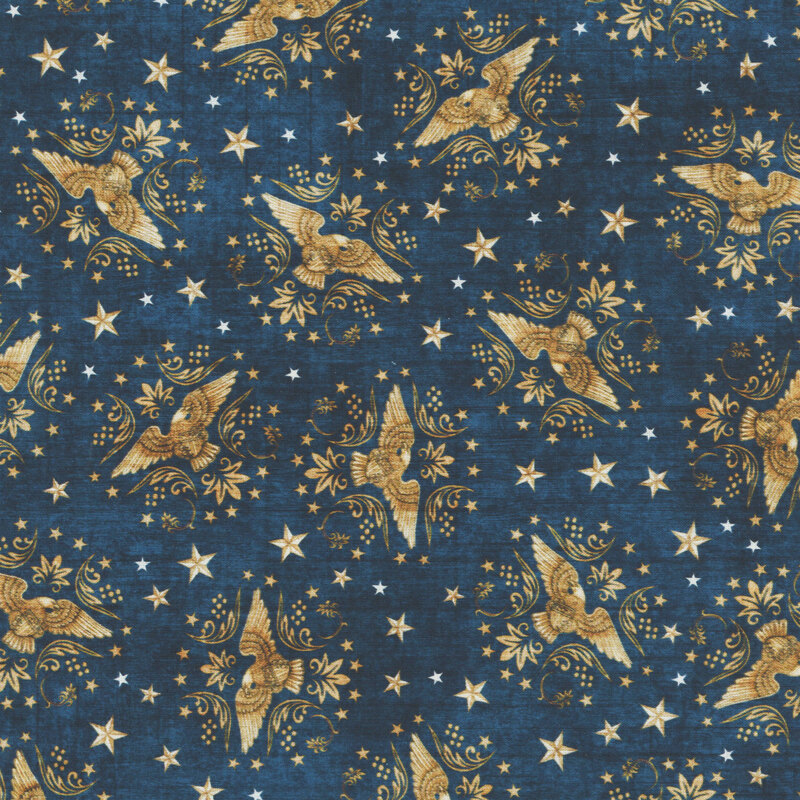 Textured navy blue fabric with gold eagle and star motifs in a tossed pattern.