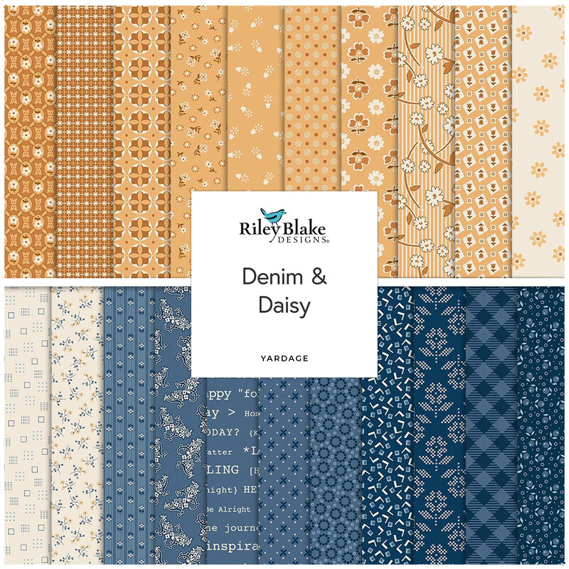 Collage of fabrics in the collection in daisy yellow, cream, and denim blue, with simple primitive inspired designs