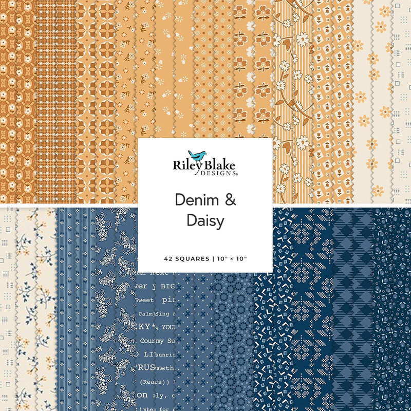 Collage of fabrics in the collection in daisy yellow, cream, and denim blue, with simple primitive inspired designs