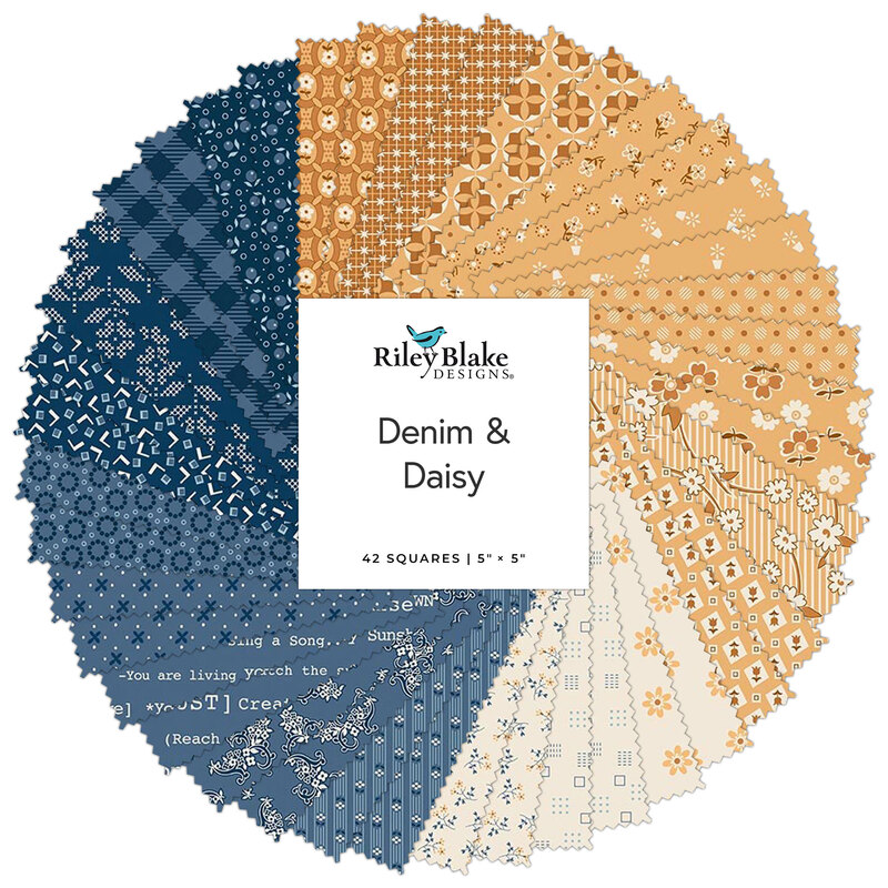 Circular collage of fabrics in the collection in daisy yellow, cream, and denim blue, with simple primitive inspired designs