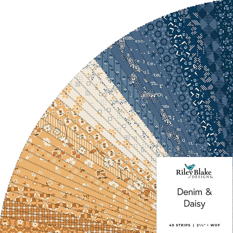 Fanned out collage of fabrics in the collection in daisy yellow, cream, and denim blue, with simple primitive inspired designs