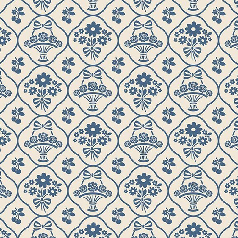 Light beige fabric with a navy blue lattice pattern featuring floral bundles, cherries, and baskets