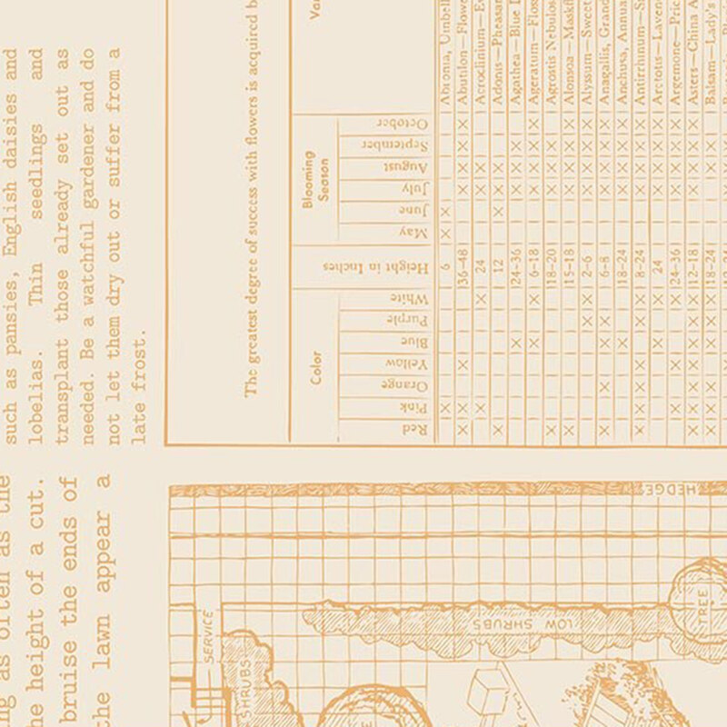 Light beige fabric with deep gold text and images inspired by a vintage farmer's almanac